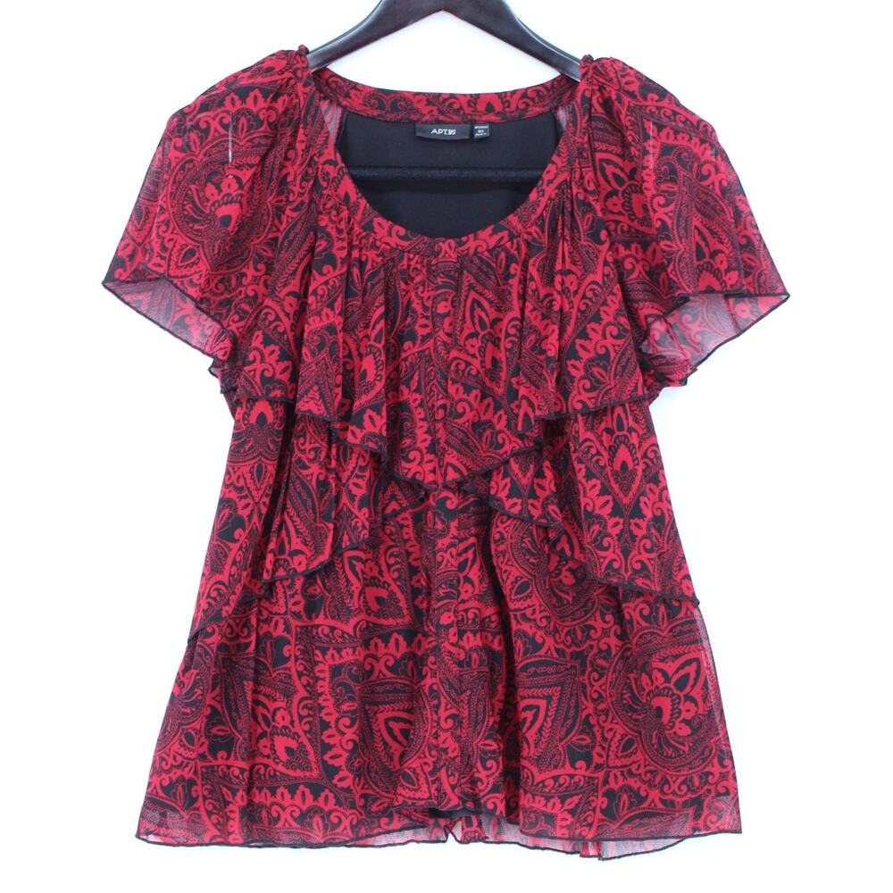 APT 9 Womens Shirt 0X Red Black Paisley Ruffle Sheer Short Sleeve Top Blouse